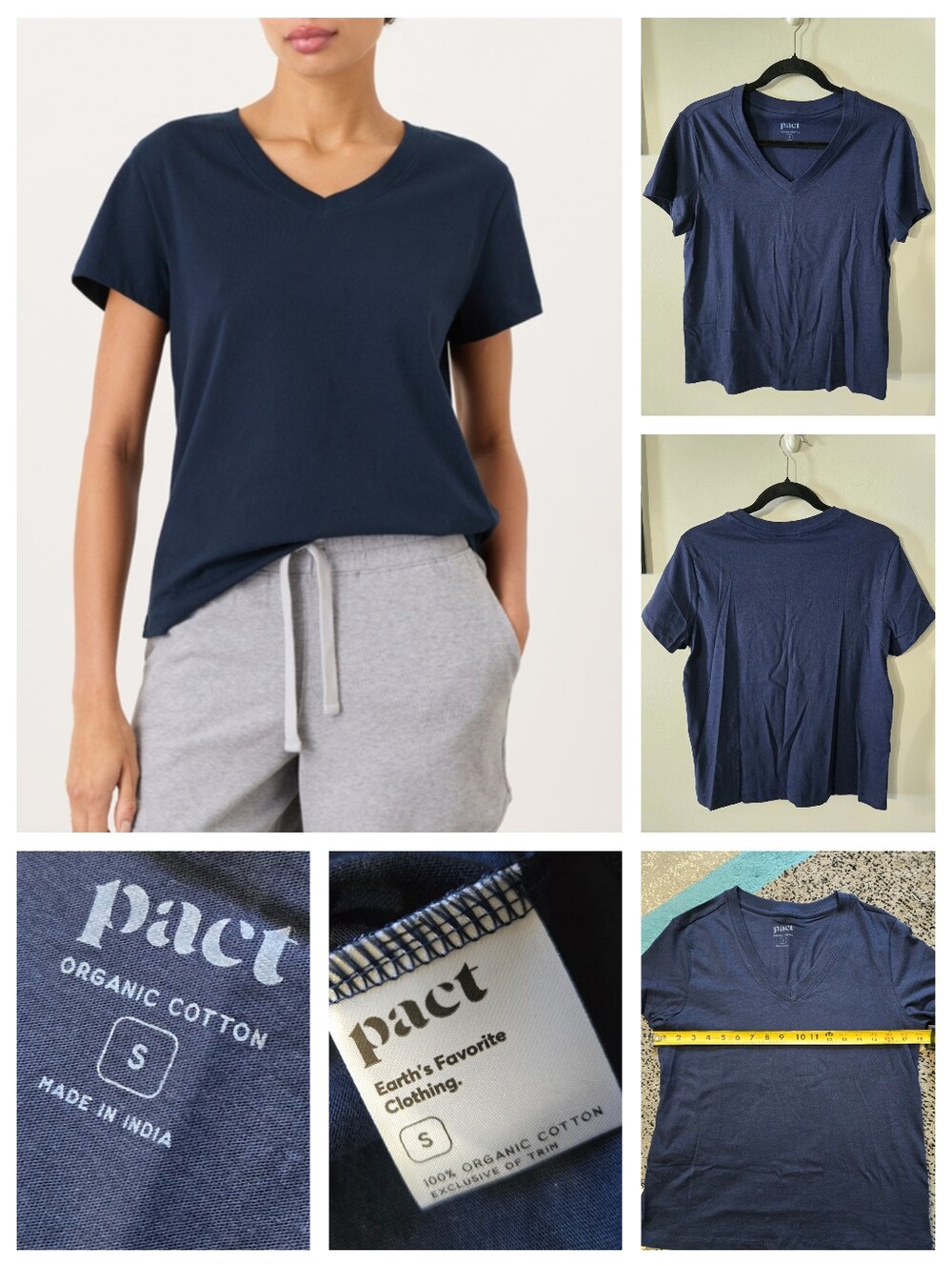 Pact Women's Navy Blue Softspun V Neck Tee, Small, NWOT
